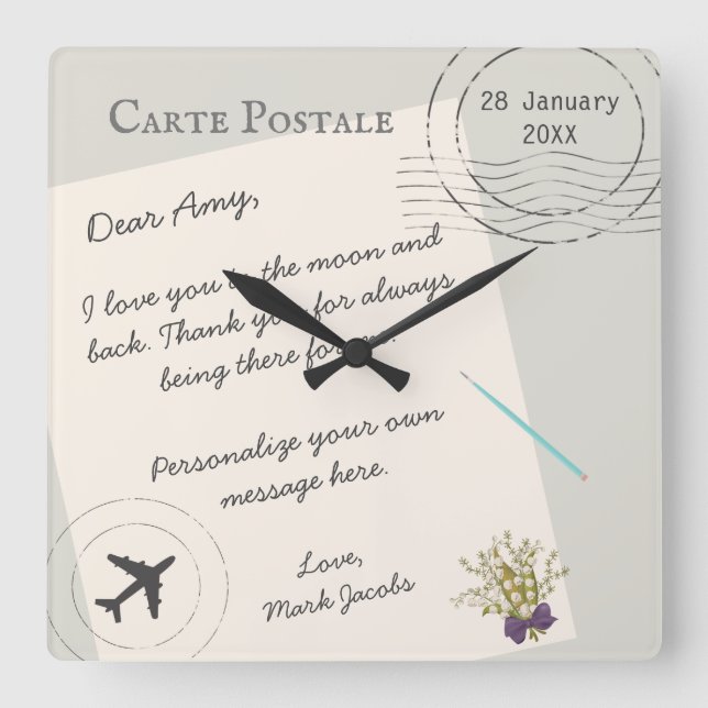 Carte Postale  custom message personal love note Square Wall Clock (Front)