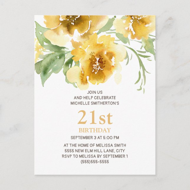 Carte postale customisée Floral Jaune 21e Annivers (Devant)