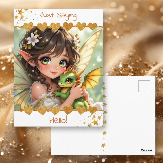 Carte Postale Cute Anime Fairy and Chibi Dragon | Hello! (Créateur téléchargé)