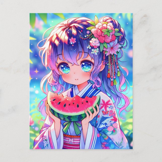 Carte Postale Cute Anime Girl Manger Watermelon sur une journée  (Devant)