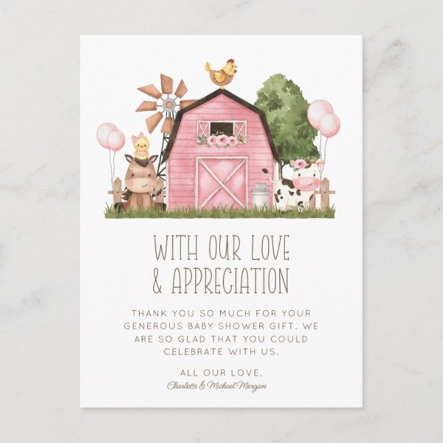 Carte Postale Cute Aquarelle ferme animaux Baby shower Merci (Devant)