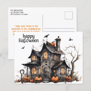 Carte Postale Cute Aquarelle Maison Hantée Halloween