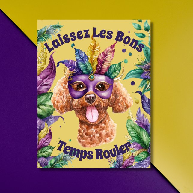 Carte Postale Cute Aquarelle Poodé avec masque Mardi gras (Créateur téléchargé)