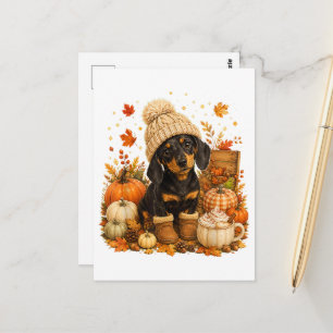 Carte Postale Cute Automne Chien Saucisse de Thanksgiving