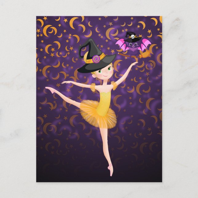 Carte Postale Cute Ballerina Halloween Bat et lune Ballet (Devant)
