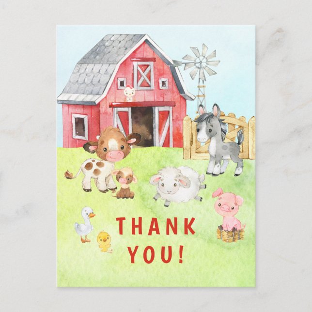 Carte Postale Cute Barnyard amis Baby shower Merci (Devant)