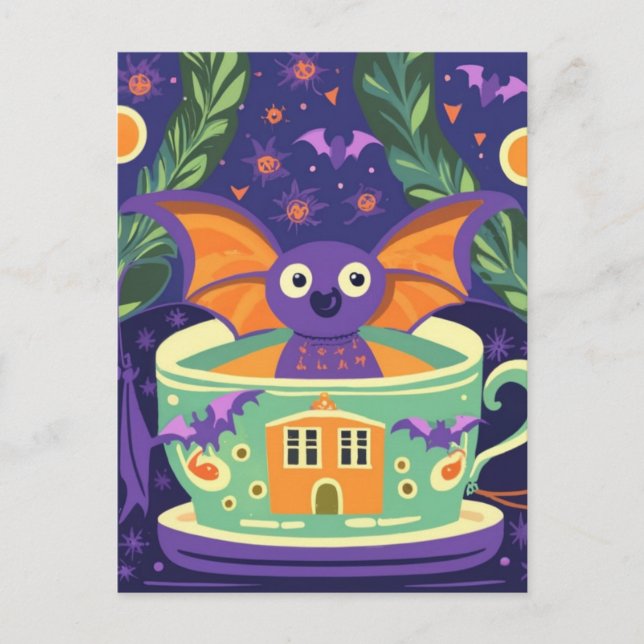 Carte Postale Cute Bat dans un thé d'Halloween (Devant)