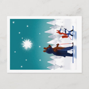 Carte Postale Cute Bear and Fox skiing under stars in a forest