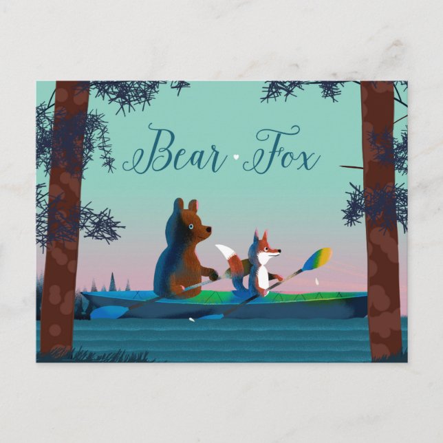 Carte Postale Cute Bear et Fox kayak sur une rivière forestière  (Devant)