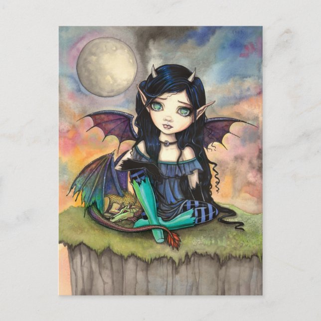 Carte Postale Cute Big Eye Gothique Fée et Dragon Art (Devant)