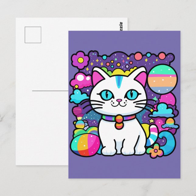 Carte Postale Cute blanc Cosmique Espace Kitty Chat (Devant / Derrière)