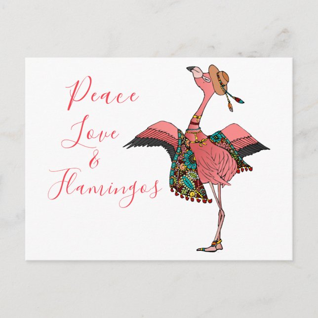 Carte postale Cute Bohemian Peace Love and Flamant (Devant)
