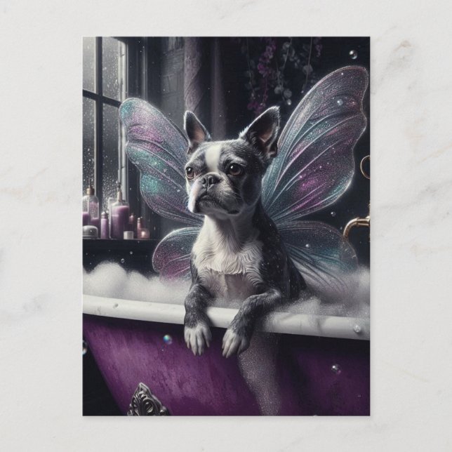 Carte Postale Cute Boston Terrier Fairy dans une baignoire viole (Devant)