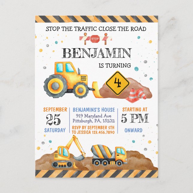 Carte Postale Cute Boy Anniversaire Construction Véhicules Parti (Devant)