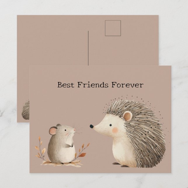 Carte Postale Cute Brown Cream Hérisson Souris Meilleurs amis (Devant / Derrière)
