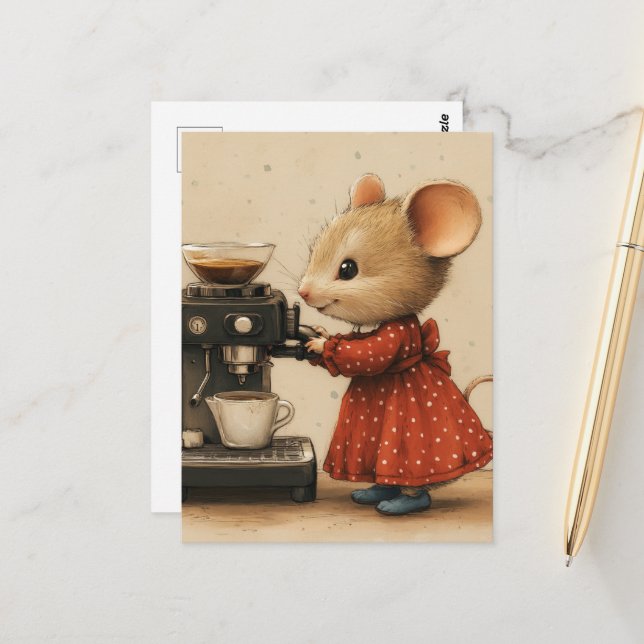 Carte Postale Cute Brown Mouse Makes Coffee (Devant/Arrière en situation)