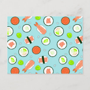 Carte Postale Cute caricature Sushi Motif bleu