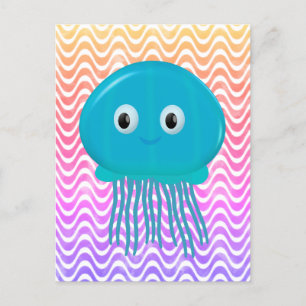 Carte Postale Cute Cartoon Jellyfish Dans Océan Coloré