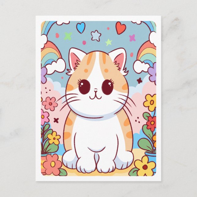 Carte Postale Cute Cartoon Kitty Chat, Fleurs, Arcs-en-ciel (Devant)