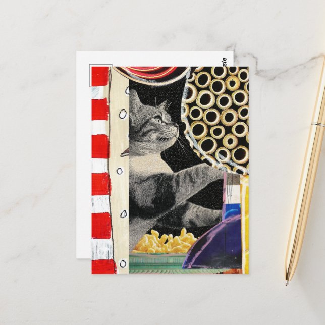 Carte Postale Cute Cat Collage multimédia mixte (Devant/Arrière en situation)