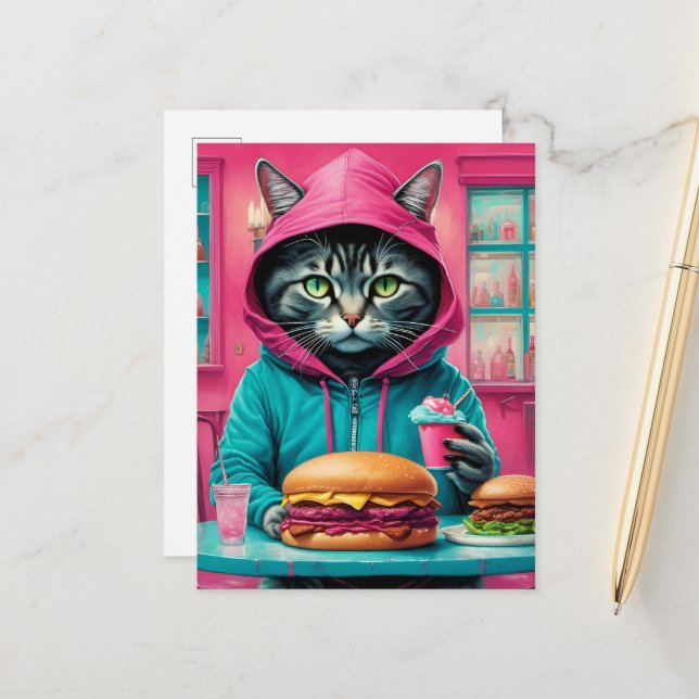 Carte Postale Cute Cat dans le dîner avec un Cheeseburger Feast (Devant/Arrière en situation)