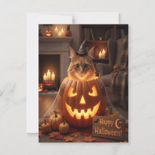 Carte Postale Cute Chat en Halloween Citrouille pour Amoureux de