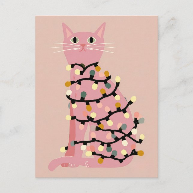 Carte Postale Cute Chat enveloppé dans les lumières de Noël drôl (Devant)