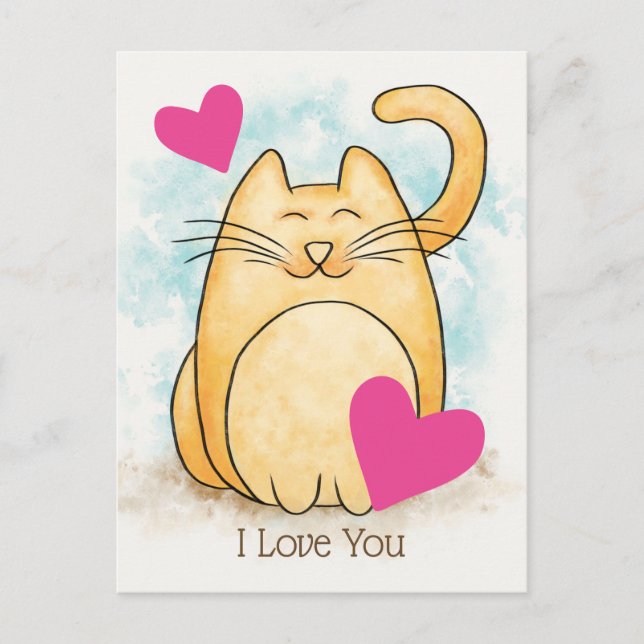 Carte Postale Cute Chat Je T'Aime Coeurs (Devant)