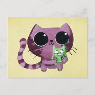 Carte Postale Cute chat Kitty avec Petit Monstre Vert