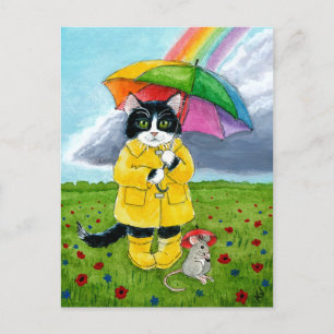 Carte Postale Cute chat tuxedo, souris avec parapluie arc-en-cie