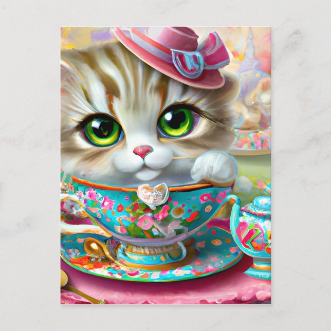 Carte Postale Cute chaton anthropomorphique à une fête de thé (Devant)