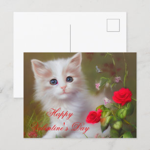 Carte Postale Cute chaton et valentine rose