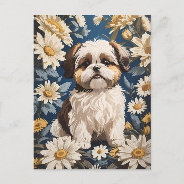 Carte Postale Cute Chih Tzu Chien Blanc Fleurs De Faisée (Devant)