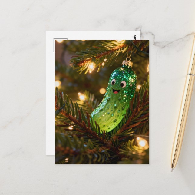 Carte Postale Cute Christmas Pickle in a Tree (Devant/Arrière en situation)