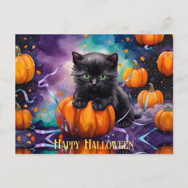 Carte Postale Cute Citrouilles de Kitten noir et ruban (Devant)