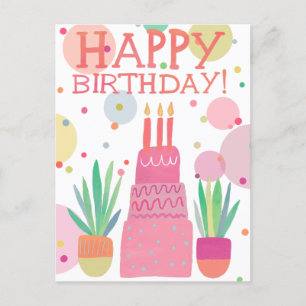 Carte Postale Cute Colorful Joyeux gâteau d'anniversaire rose gr