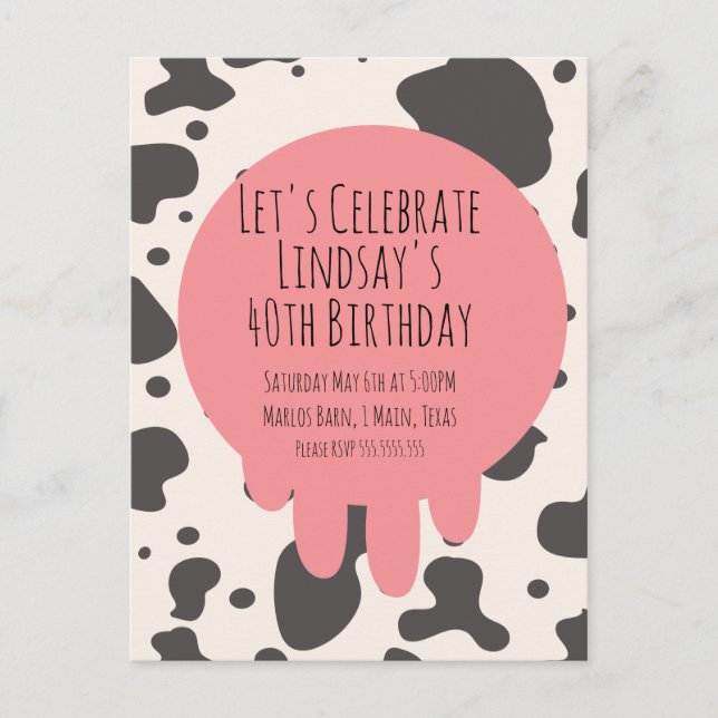 Carte Postale Cute Cow Imprimer Adult Party 40e Anniversaire (Devant)