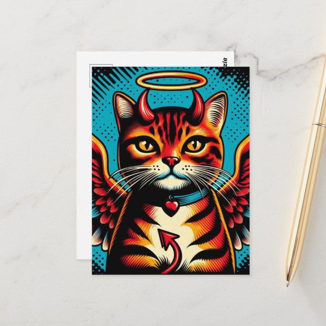 Carte Postale Cute Devil Angel Kitty avec ailes Comédie Style de (Devant/Arrière en situation)