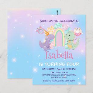 Carte Postale Cute Dinosaur Unicorn Rainbow ballon Anniversaire 