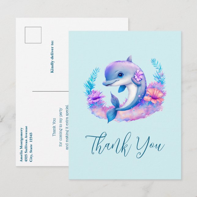 Carte Postale Cute Dolphin Sea Creator Merci (Devant / Derrière)
