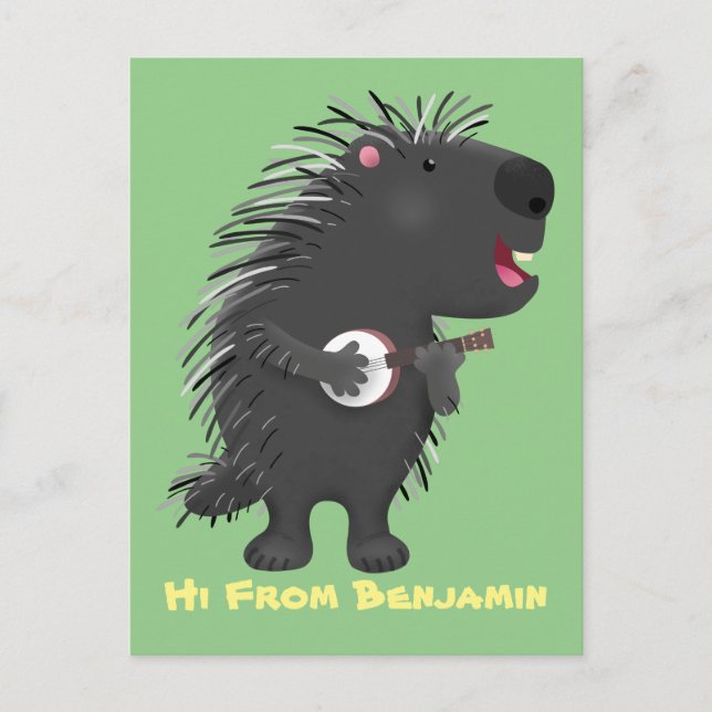 Carte Postale Cute drôle porc-épic avec dessin animé de banjo (Devant)