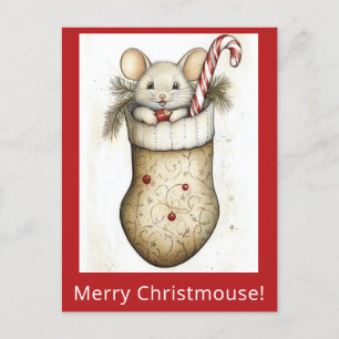 Carte Postale Cute drôle Souris de Noël Stocker Aquarelle