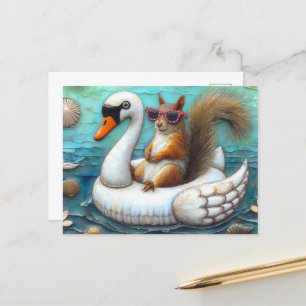 Carte Postale Cute écureuil sur une flottille de cygne