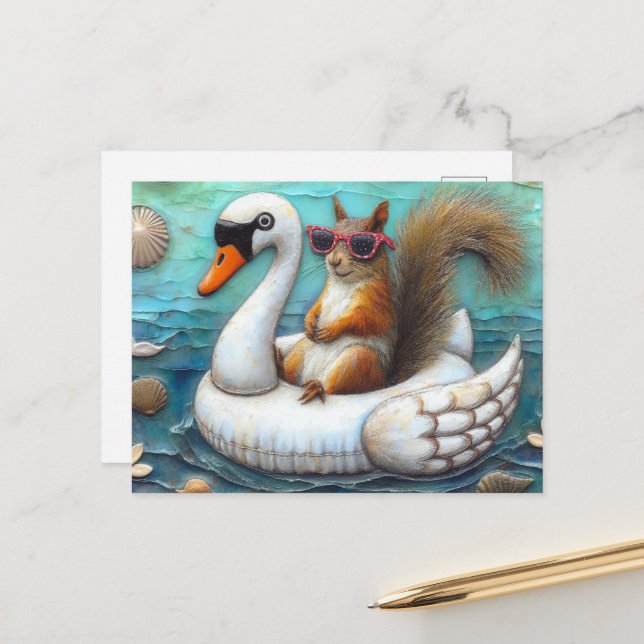 Carte Postale Cute écureuil sur une flottille de cygne (Devant/Arrière en situation)