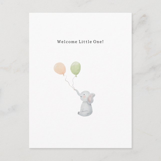 Carte Postale Cute Elephant And Balloons Welcome New Baby Card. (Devant)