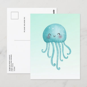 Carte Postale Cute et Joyeuse méduse bleu-vert