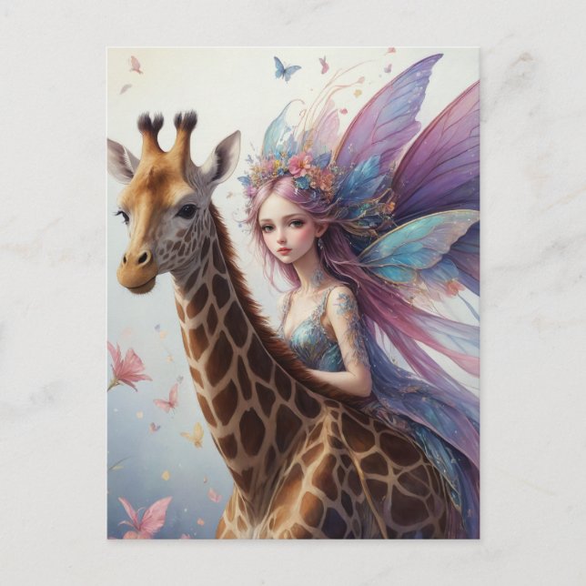 Carte Postale Cute Fairy Ride a Giraffe (Devant)