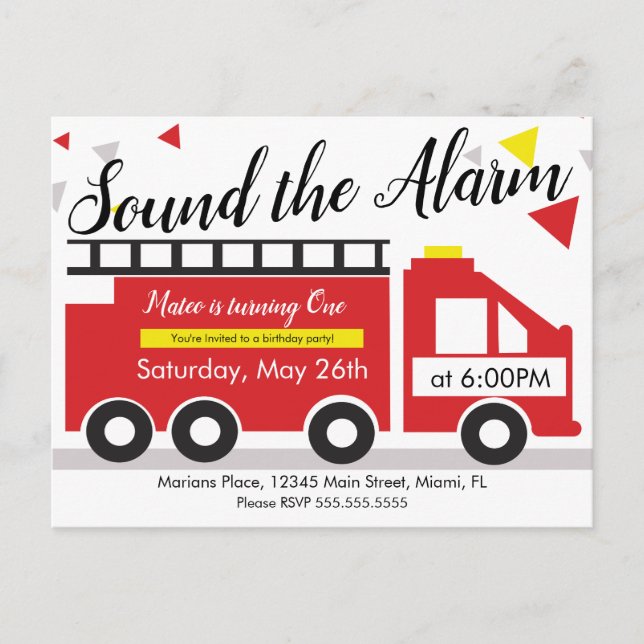 Carte Postale Cute Fire Truck Vehicle Confetti 1er anniversaire (Devant)