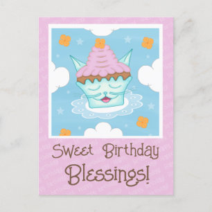 Carte Postale Cute Flying Kitty Chat Face Cupcake Anniversaire