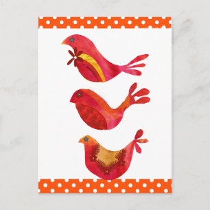 Carte Postale Cute Folk Art Red Bird Trio Aquarelle